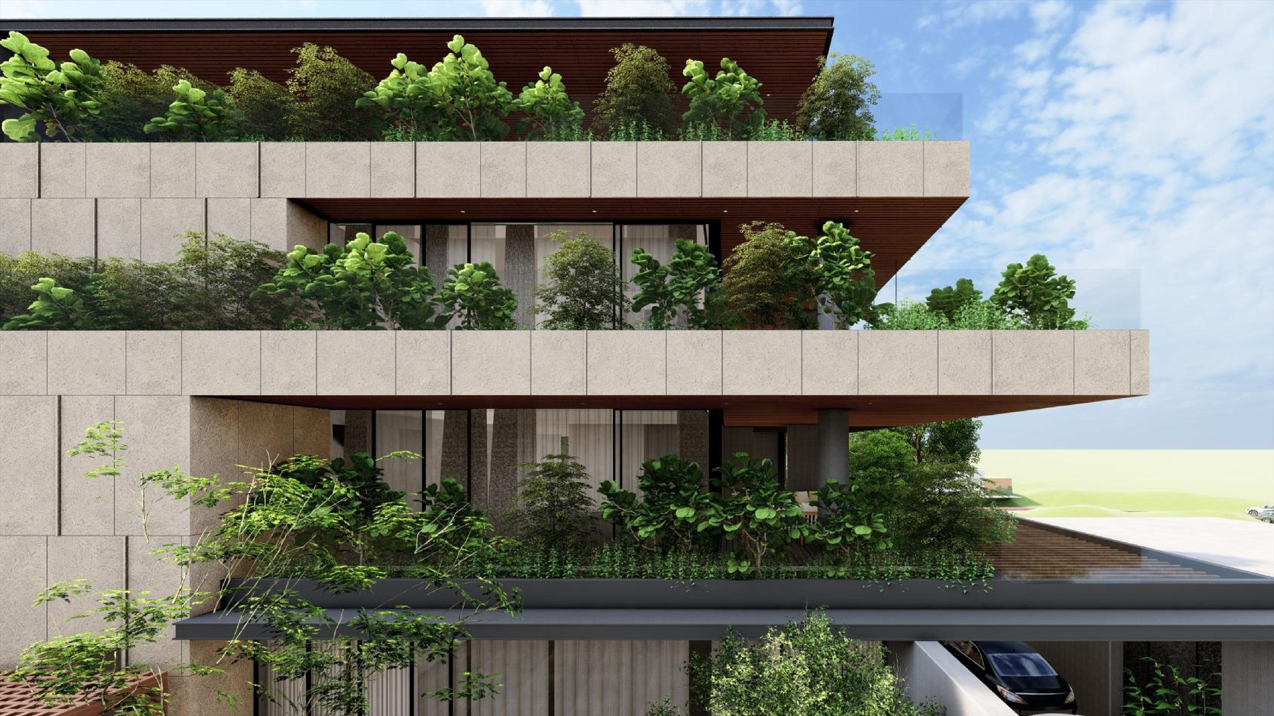 Render of the cantilevered stone-clad terraces at The Stepped Haven, overflowing with planting
