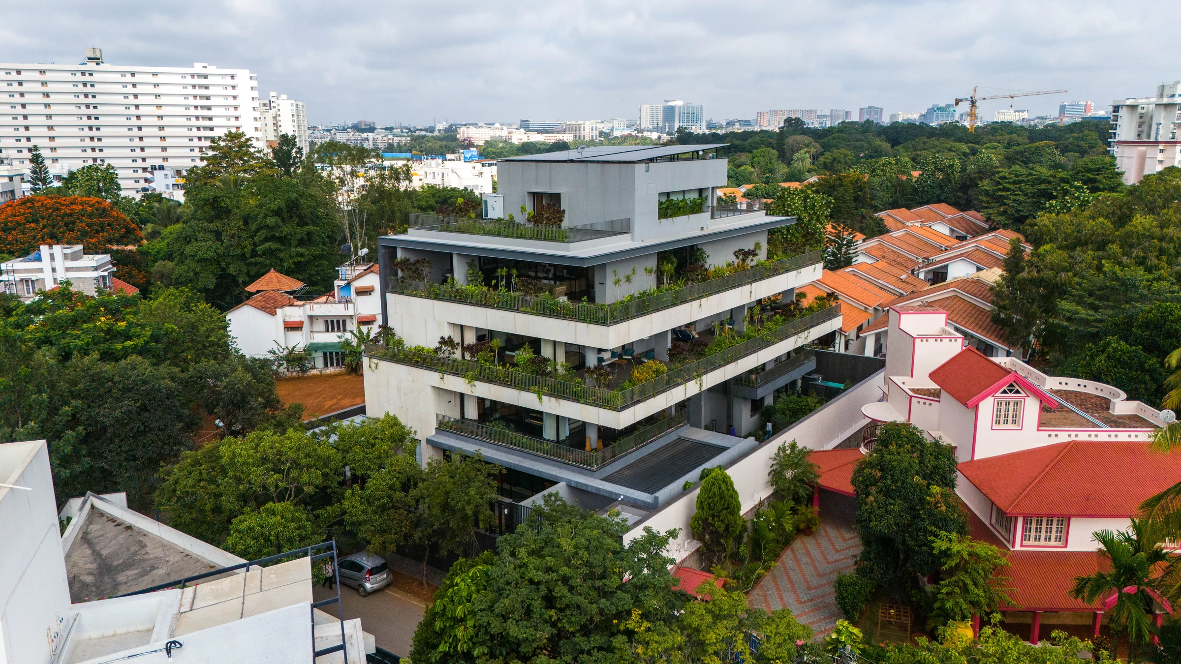 Aerial view of The Stepped Haven, a four-storey stepped home in Bangalore