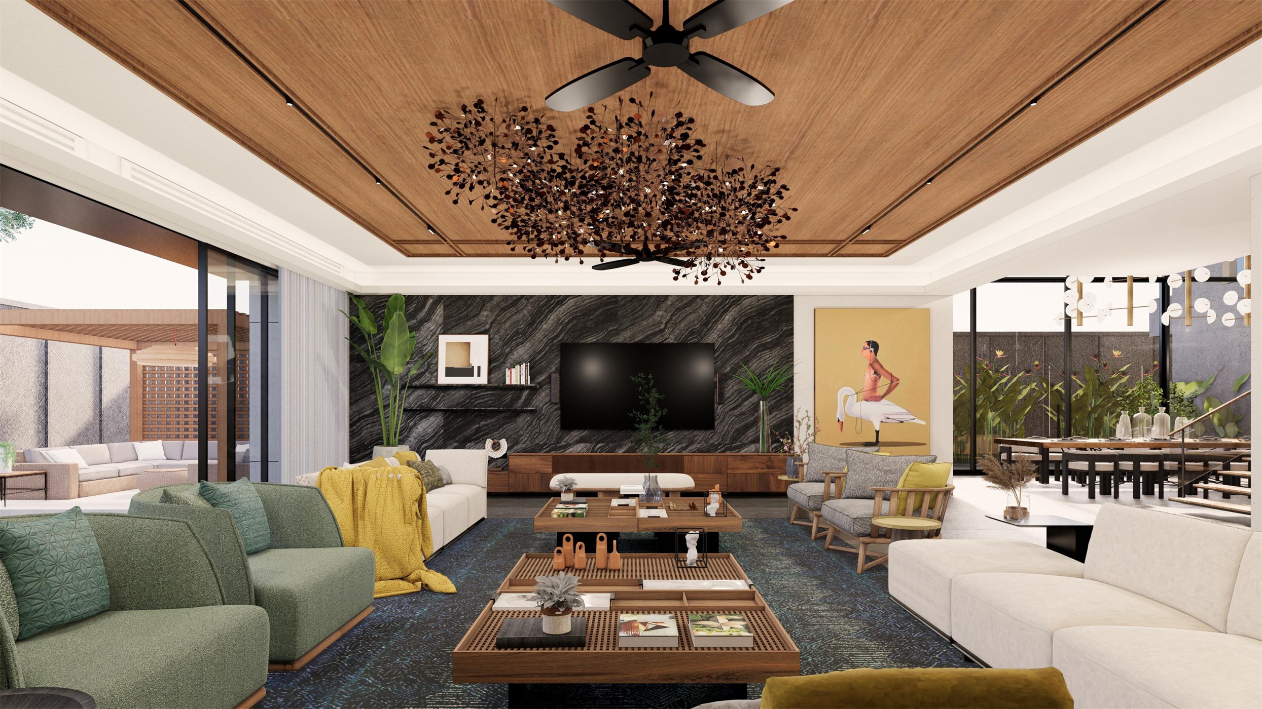 Living room at The Stepped Haven with a timber-lined ceiling, a sculptural chandelier and a black marble media wall