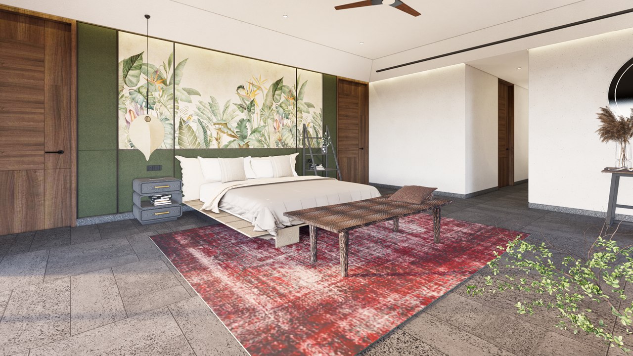 Bedroom at The Stepped Haven with a tropical mural headboard, green panelling and a red rug