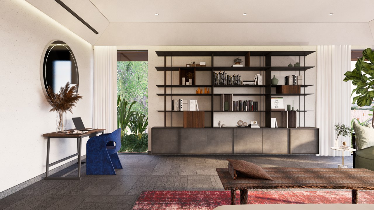 Study corner at The Stepped Haven with an open steel bookshelf, a round mirror and a blue sculptural chair