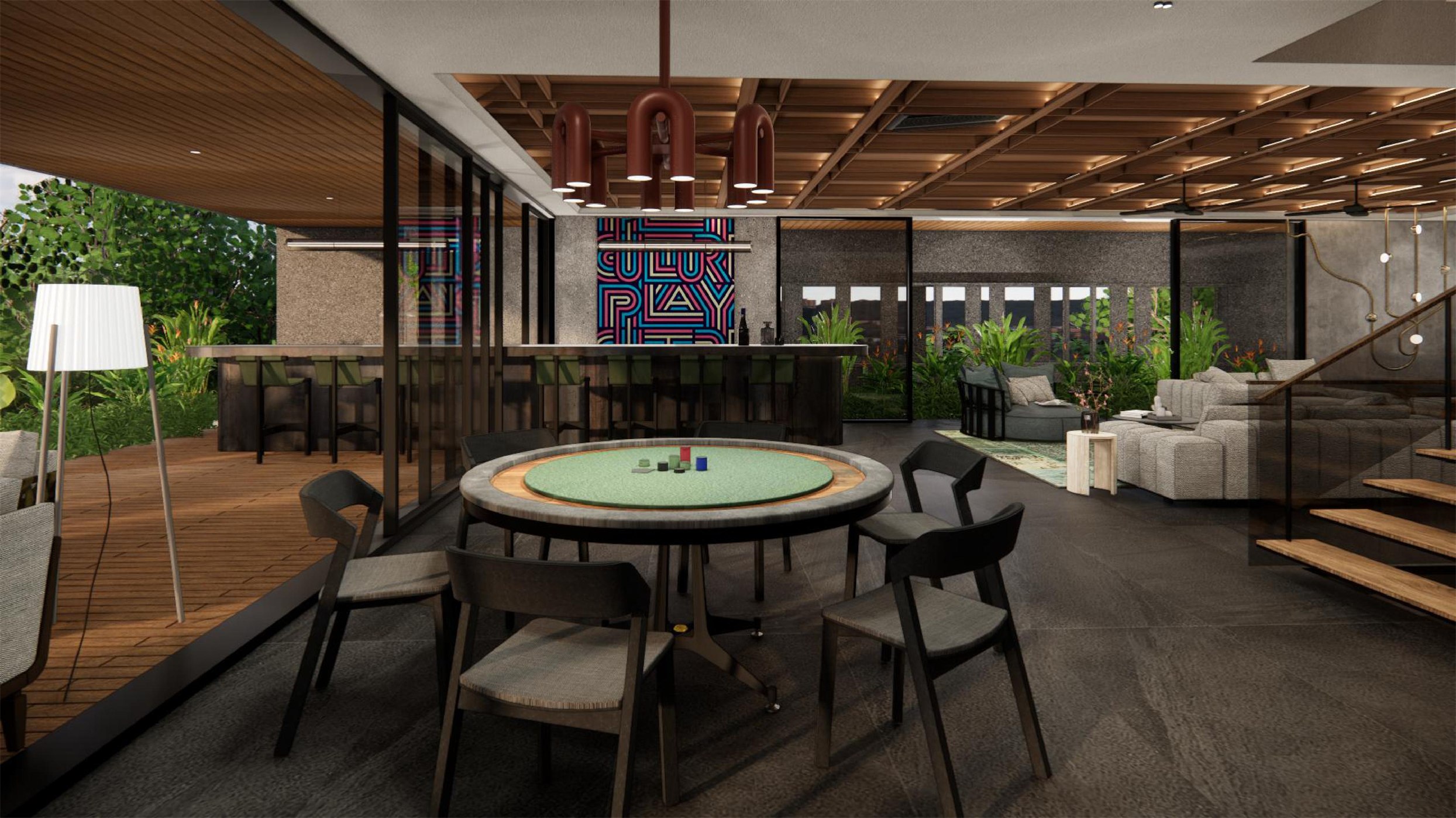 Rooftop entertainment area at The Stepped Haven with a card table, bar counter and open deck