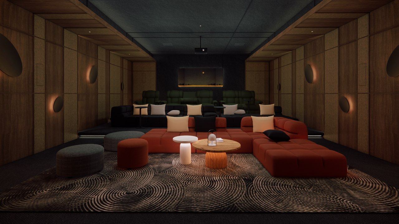Home theatre at The Stepped Haven with tiered recliners, a red modular sofa and timber acoustic walls