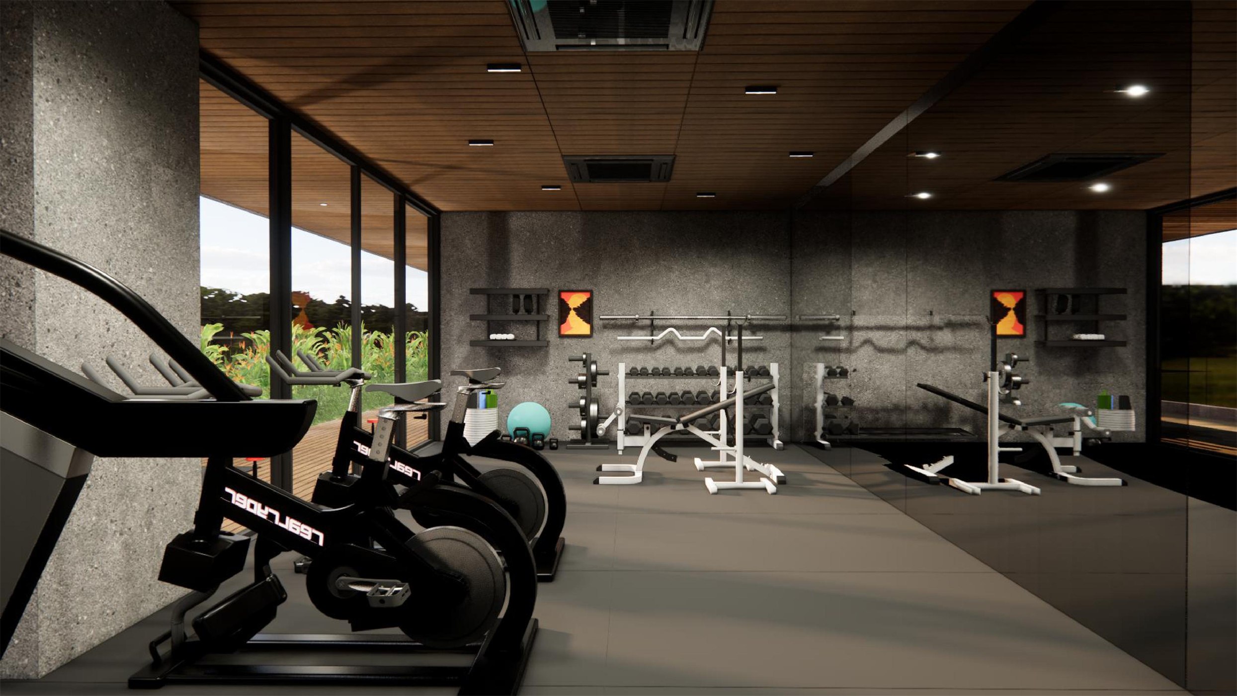 Home gym at The Stepped Haven with spin bikes and weights beneath a timber ceiling, opening onto the garden