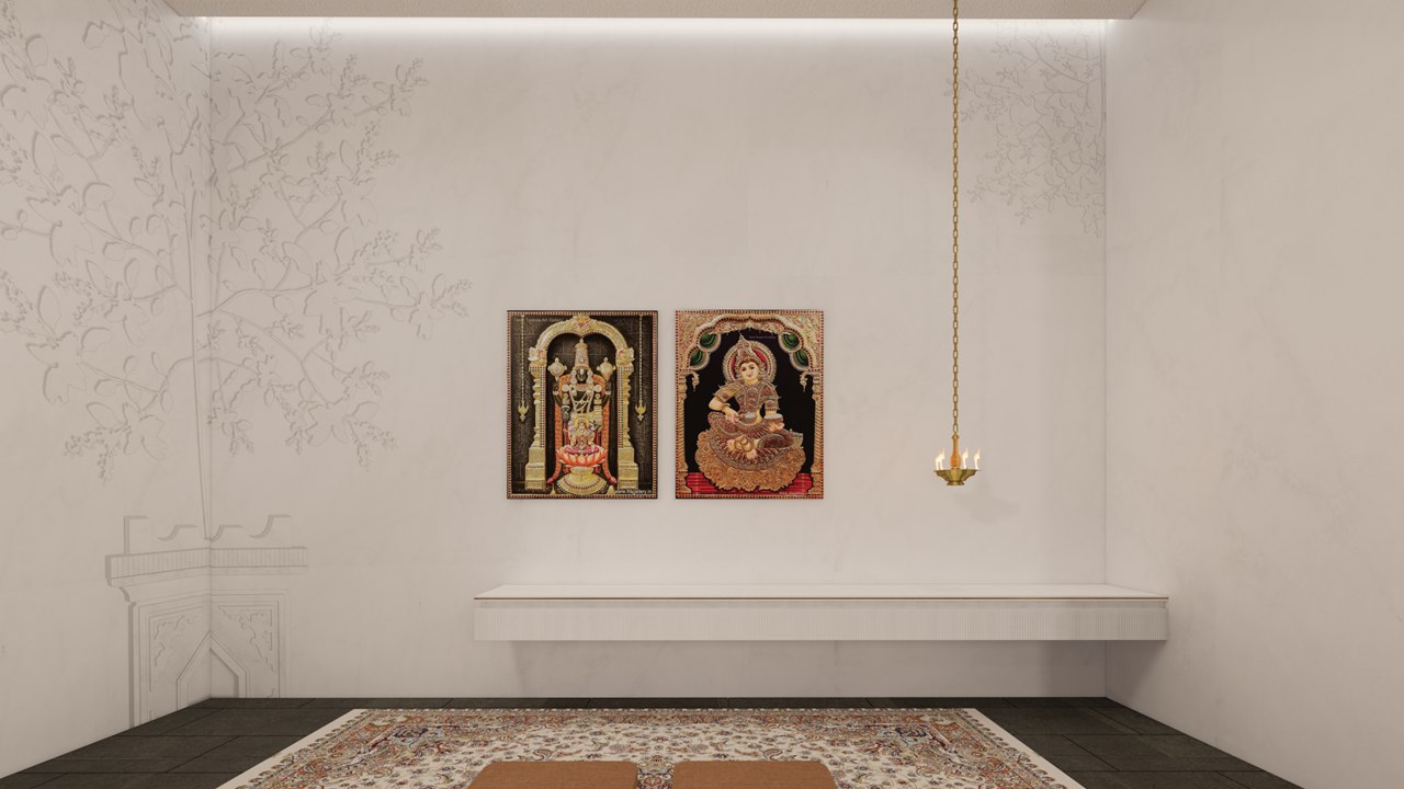 Prayer room at The Stepped Haven with Tanjore paintings, a hanging brass lamp and a carved tree motif on the walls