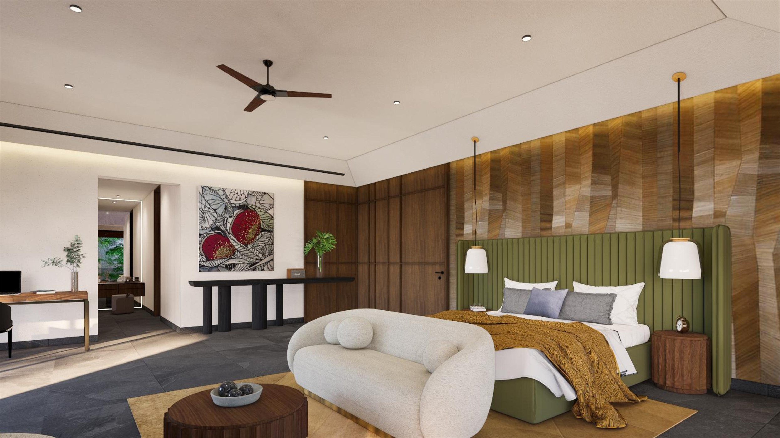 Master bedroom at The Stepped Haven with a green channel-tufted headboard against a sculpted timber wall