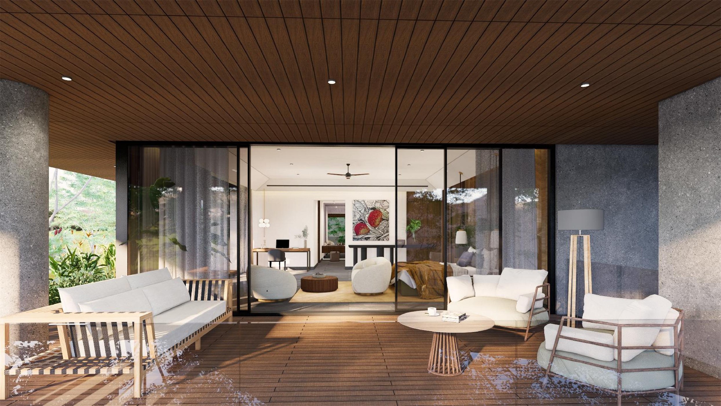 Covered terrace outside the master bedroom at The Stepped Haven, with outdoor seating and sliding glass doors