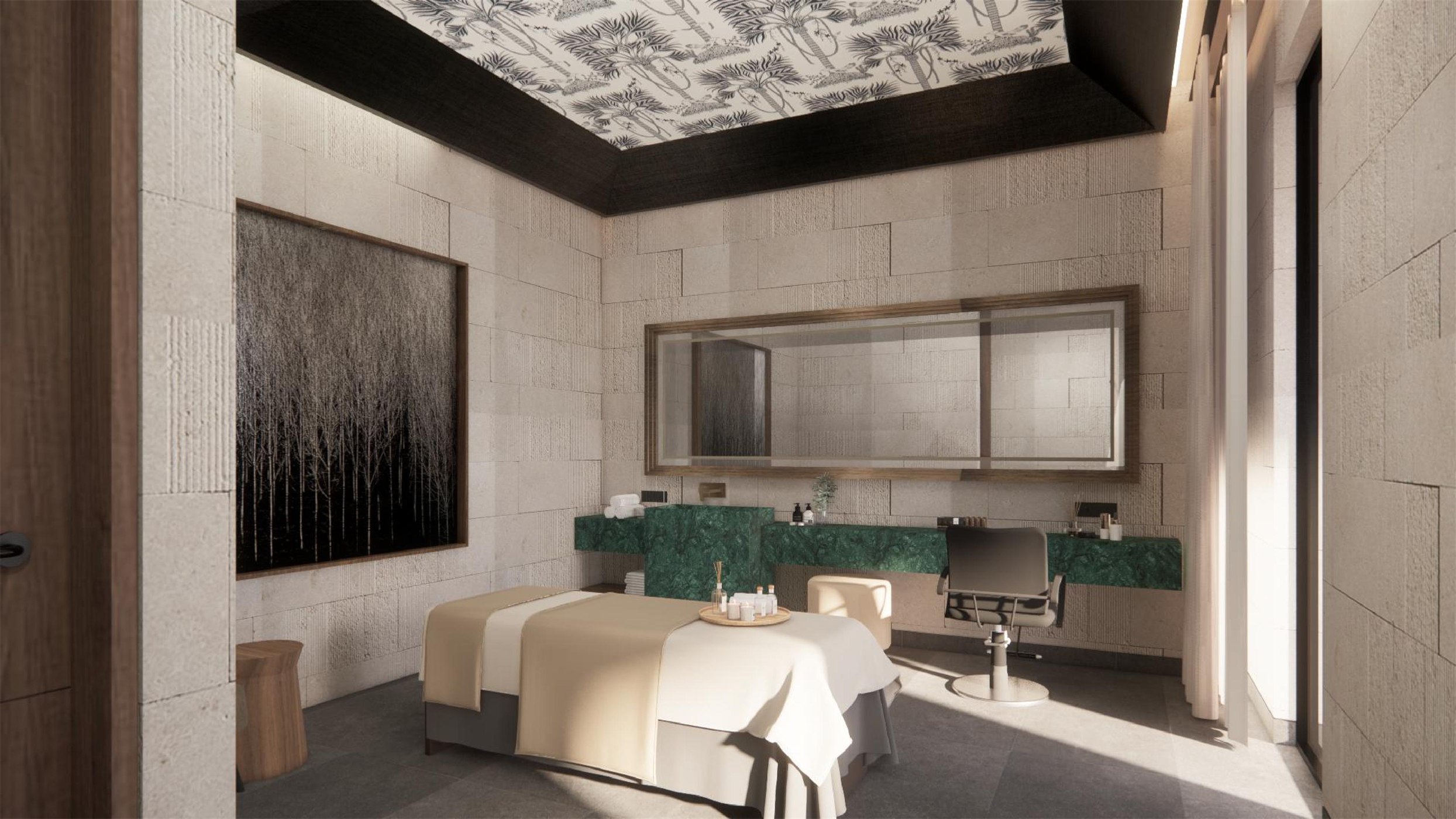 Spa room at The Stepped Haven with a palm-print ceiling, green marble vanity and a stone-clad wall