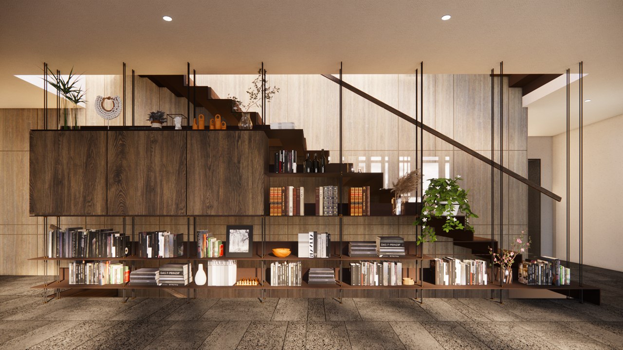 Library under the staircase at The Stepped Haven, with suspended steel shelving and walnut cabinets