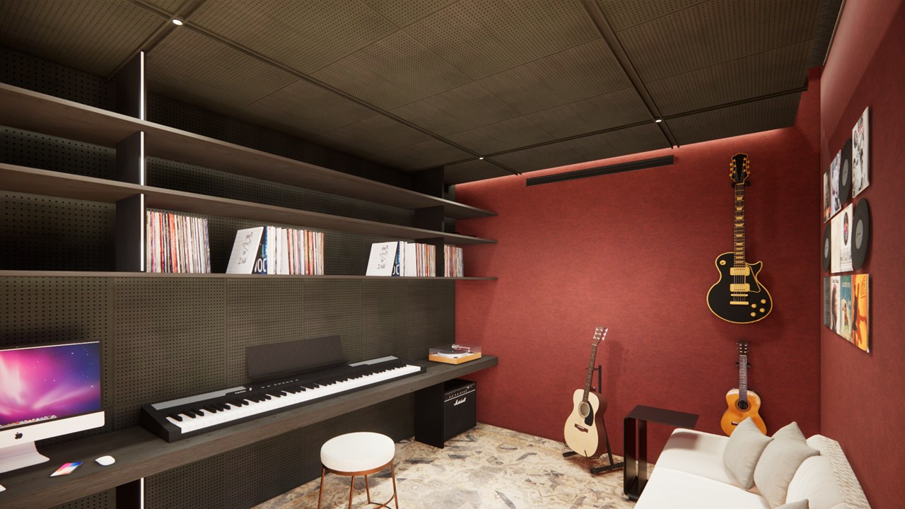 Music room at The Stepped Haven with a red acoustic wall, guitars, a keyboard and a vinyl collection