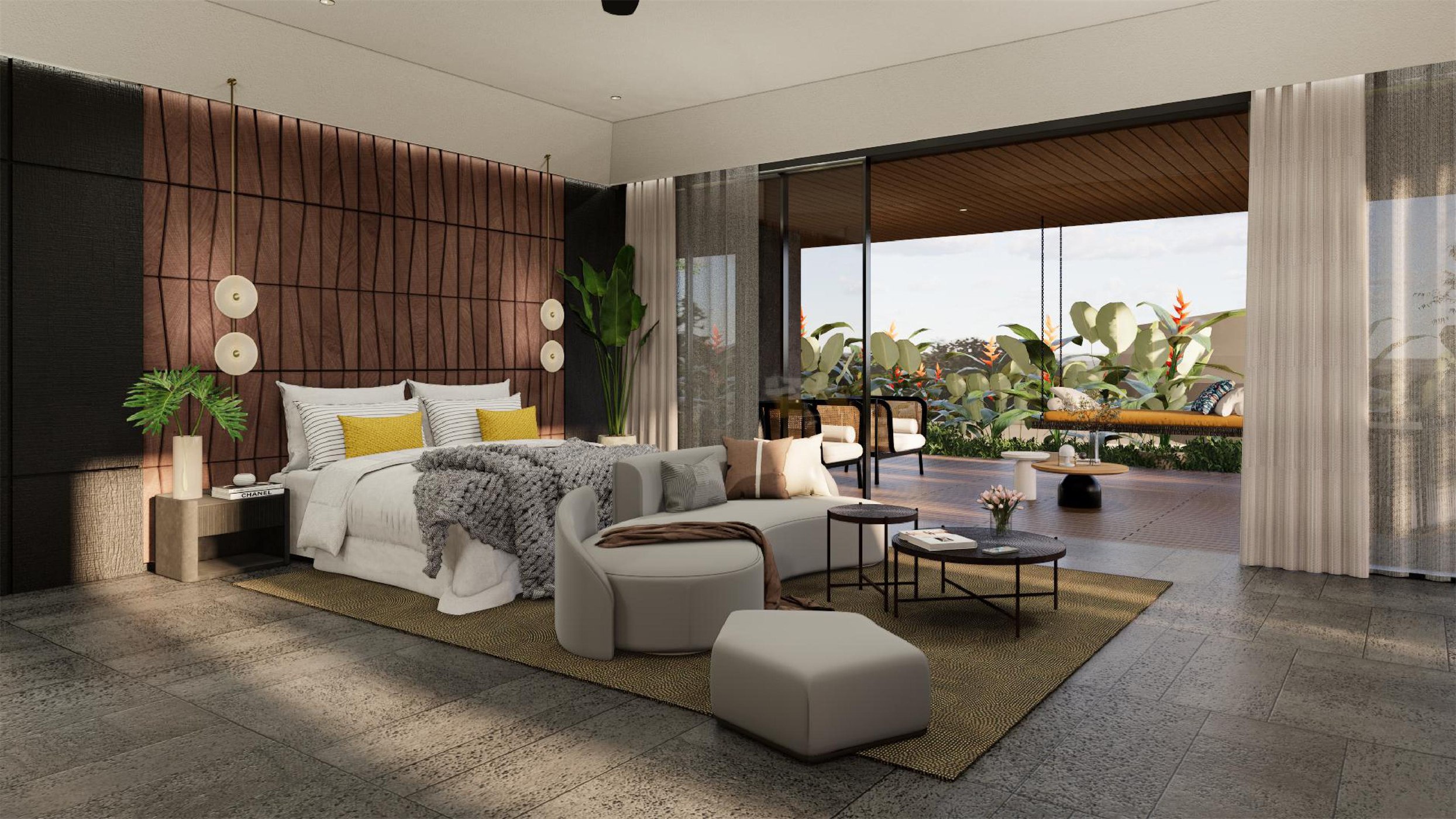 Bedroom at The Stepped Haven with a timber-panelled headboard wall opening onto a planted terrace