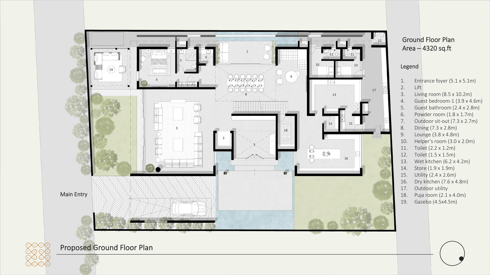 Proposed ground floor plan of The Stepped Haven, with living, dining, kitchens, guest bedroom and gazebo around the entrance foyer