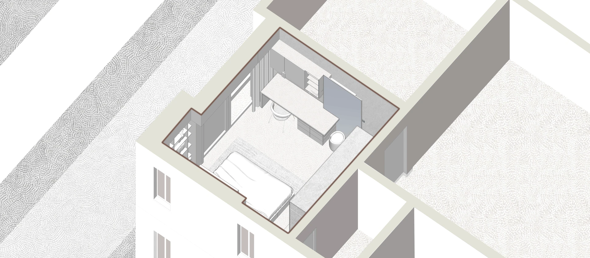 Axonometric concept view of The Hideout, showing the desk, storage, and bed within the room