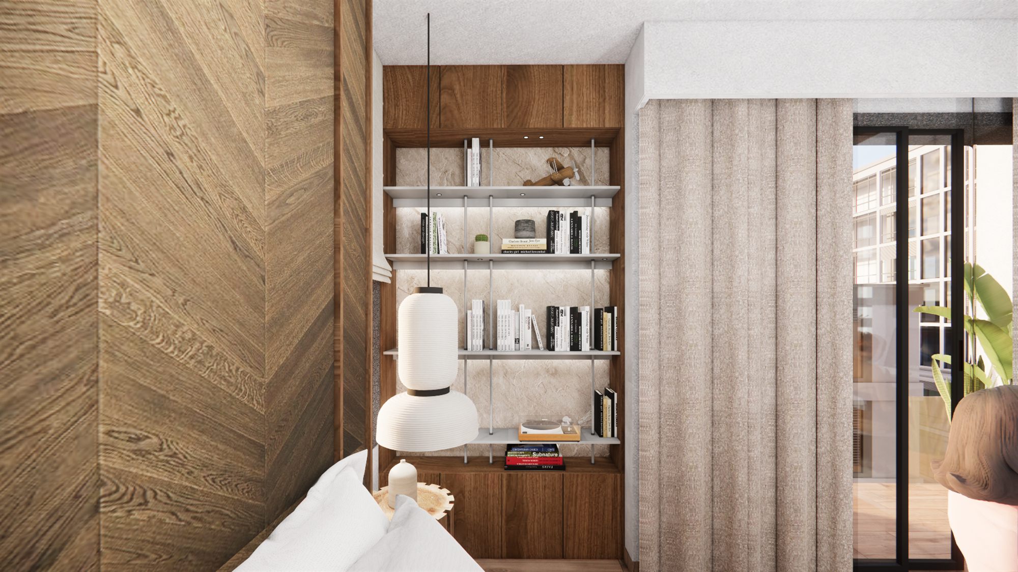 Built-in bookshelf niche with a pendant lamp and marble-effect backing