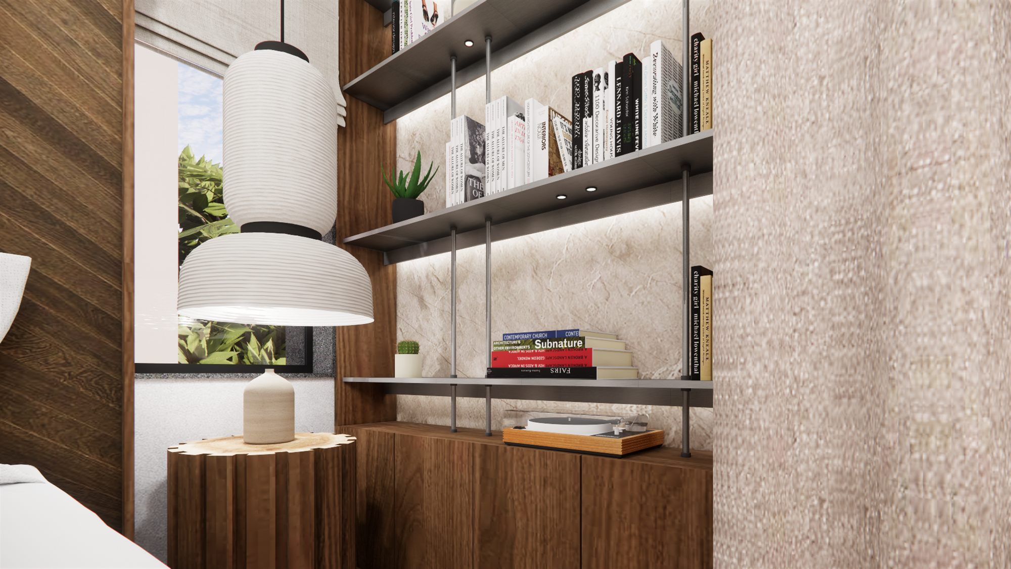 Floating shelves with books and a table lamp on a fluted wood side table