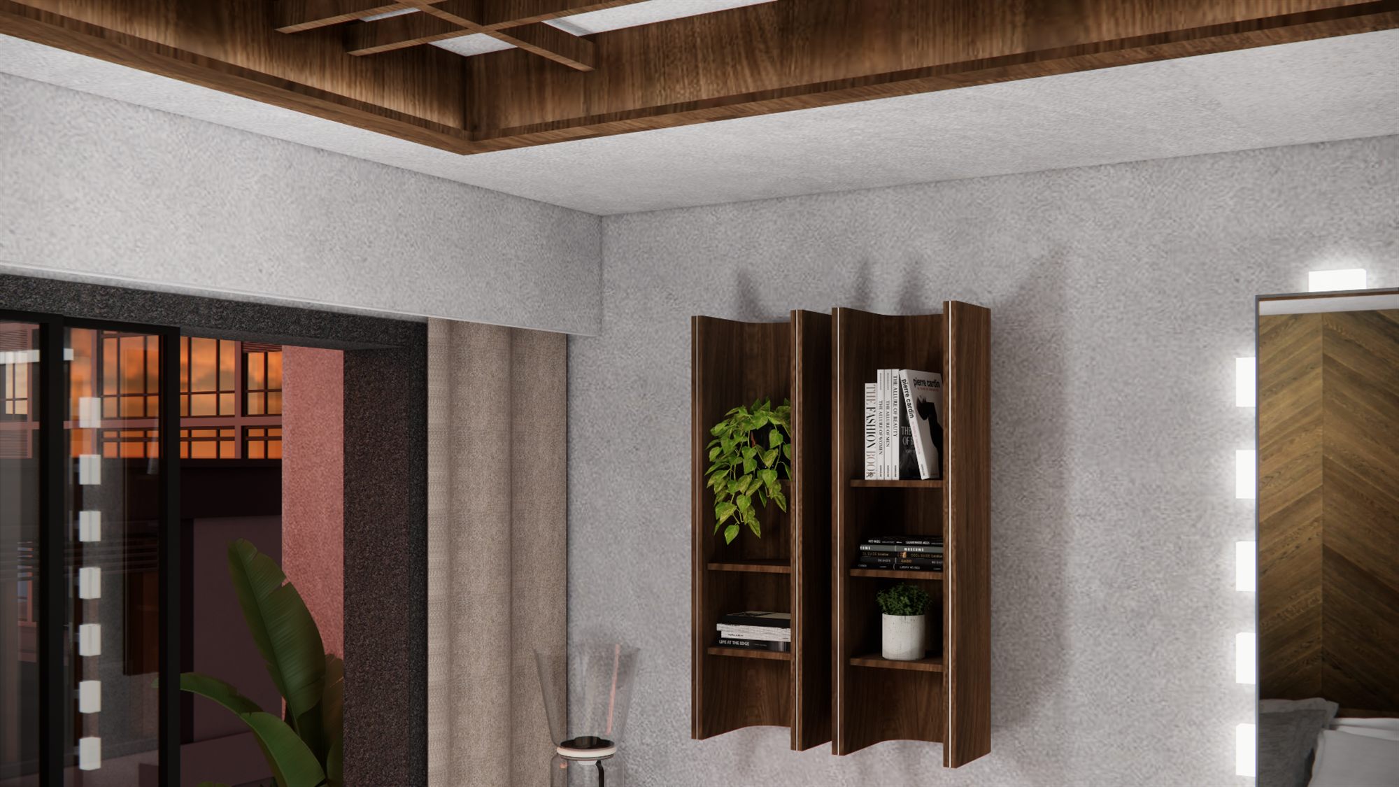 Floating wall-mounted bookshelf near the doorway, styled with books and plants
