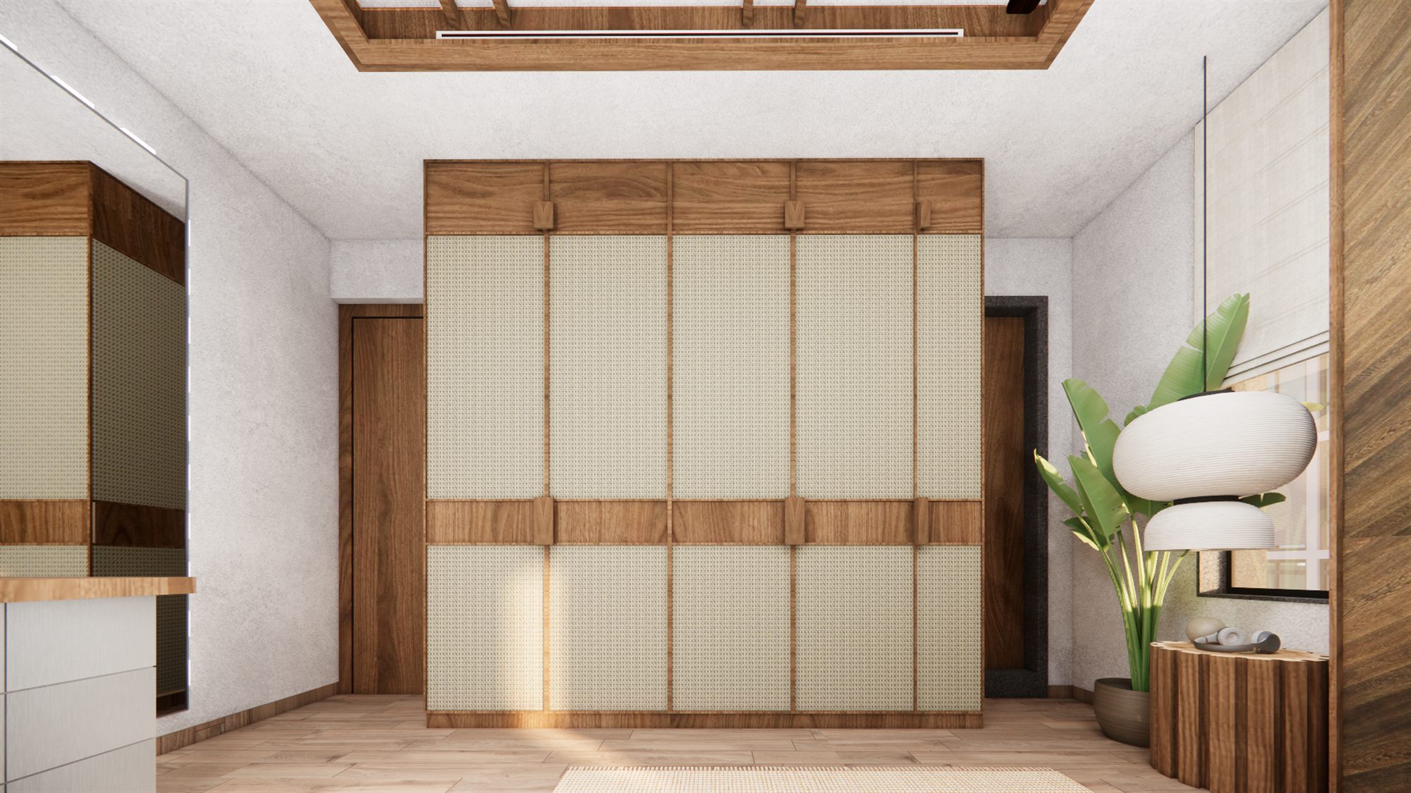 Straight-on view of the wardrobe with cane-panelled doors and wood trim banding