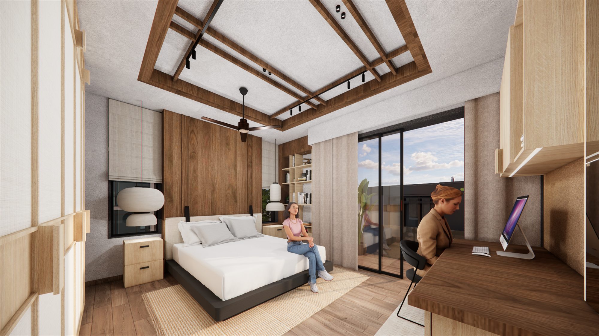 Interior view of The Hideout, showing the bed, desk nook, and wood-panelled headboard wall