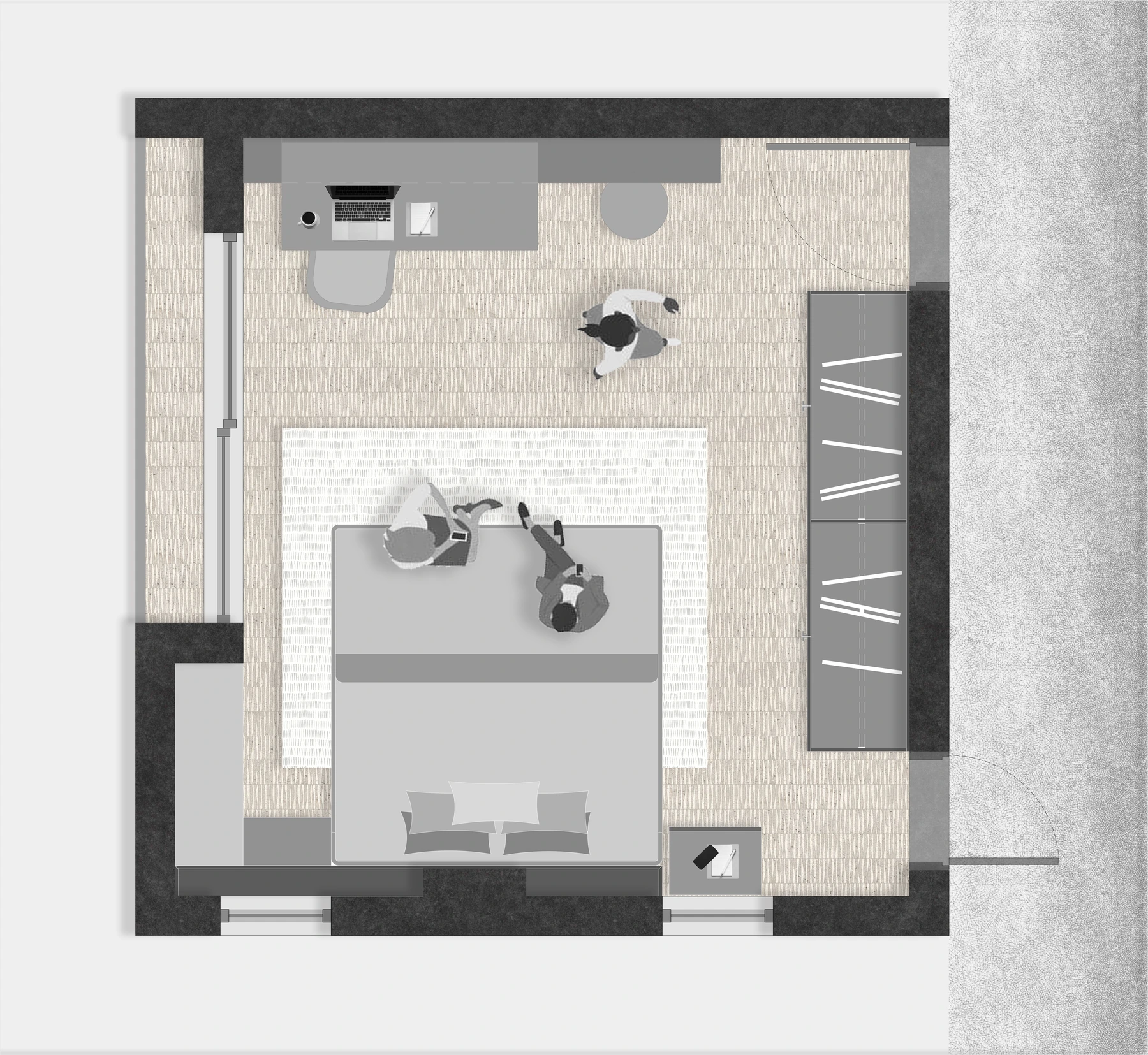 Furniture layout plan of The Hideout, showing the desk, wardrobe, and bed arrangement