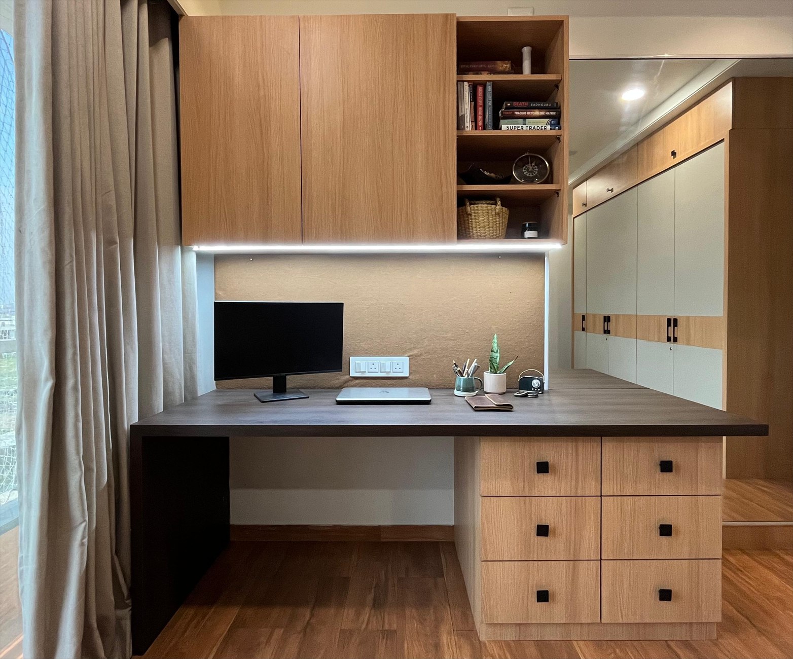 The Hideout as built: the study desk with oak cabinets, open shelf and under-cabinet lighting