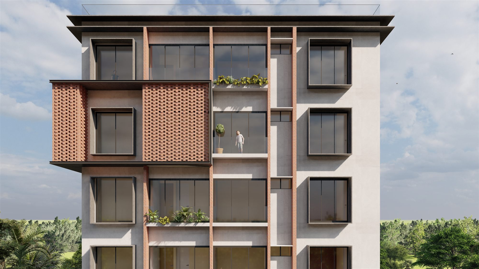 Front elevation of The Loom showing the brick jaali balconies and concrete fin façade