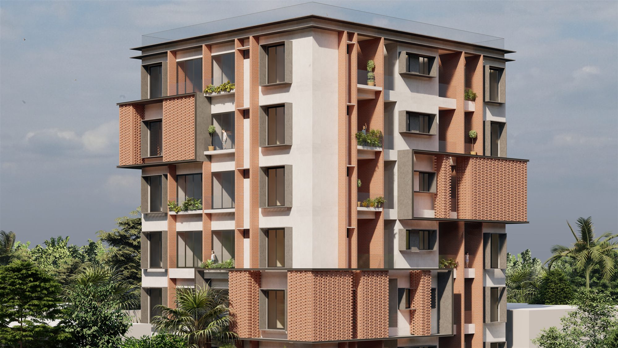 Corner view of The Loom highlighting the brick jaali screens at the balconies