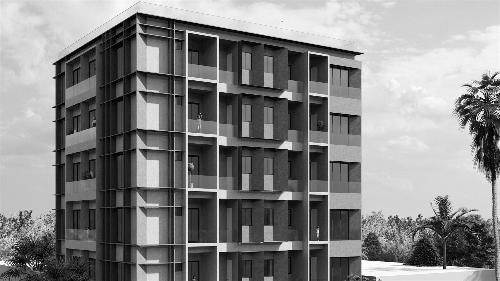 Monochrome corner elevation study of The Loom showing the balcony massing