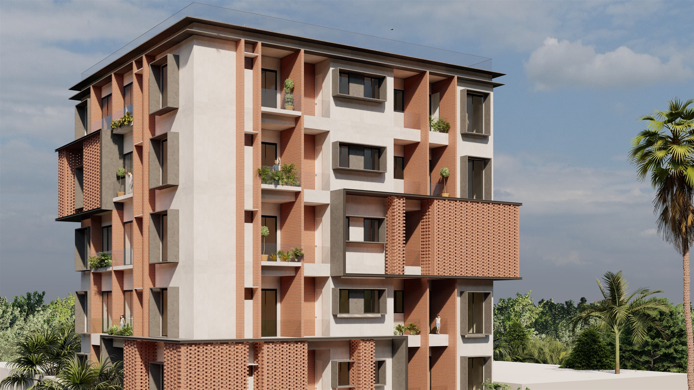 Corner view of The Loom, showing the brick jaali balconies and concrete fin façade