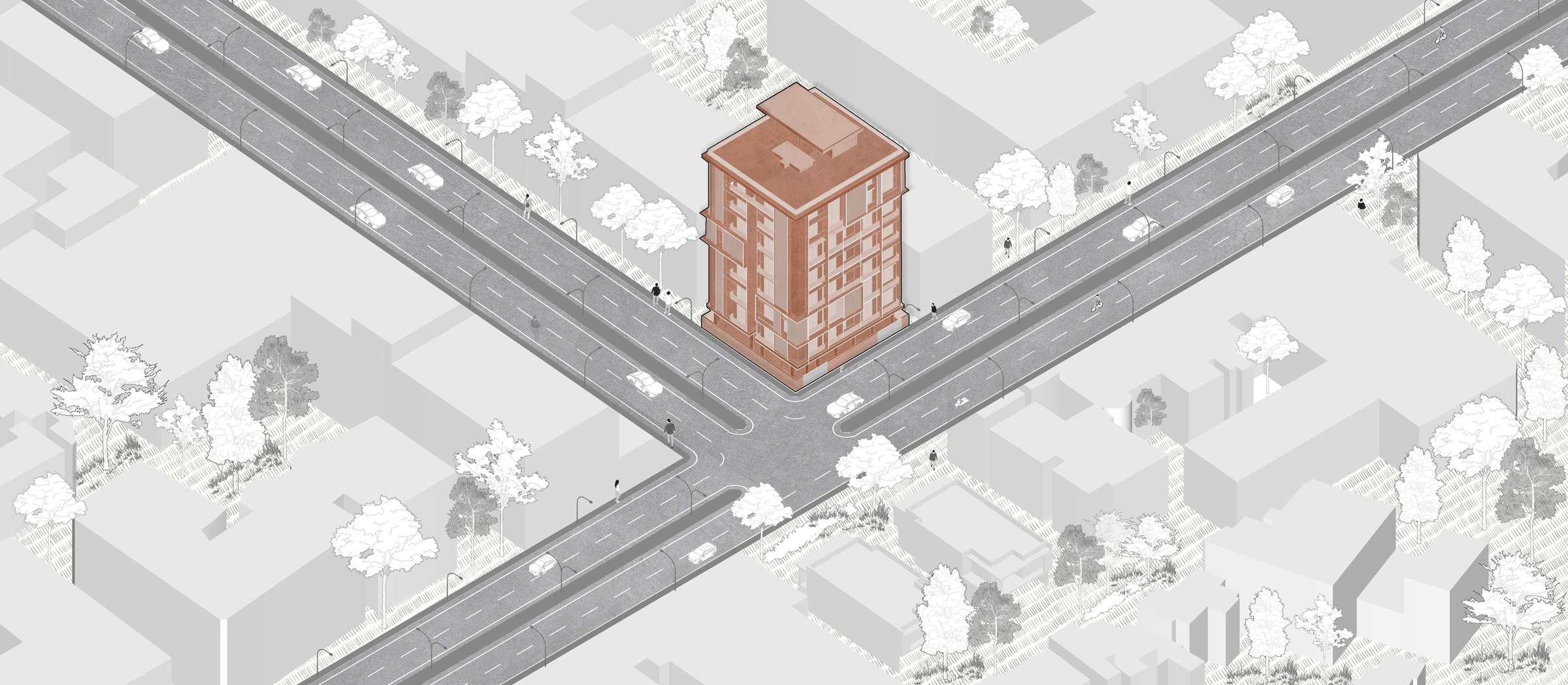 Axonometric view of The Loom at its street corner, Vadodara